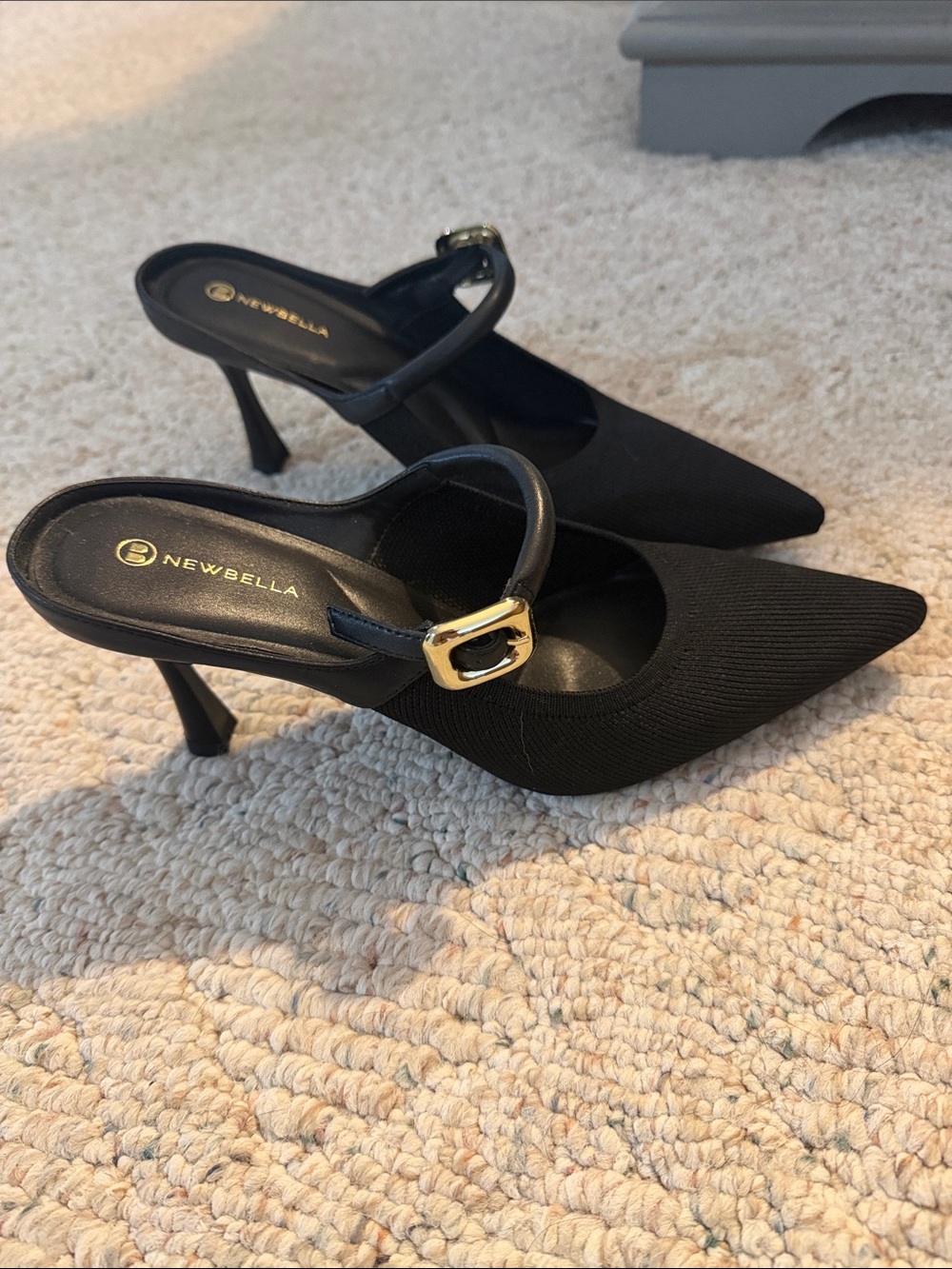 Newbella Black Pointed Mary Jane Slingback Heels